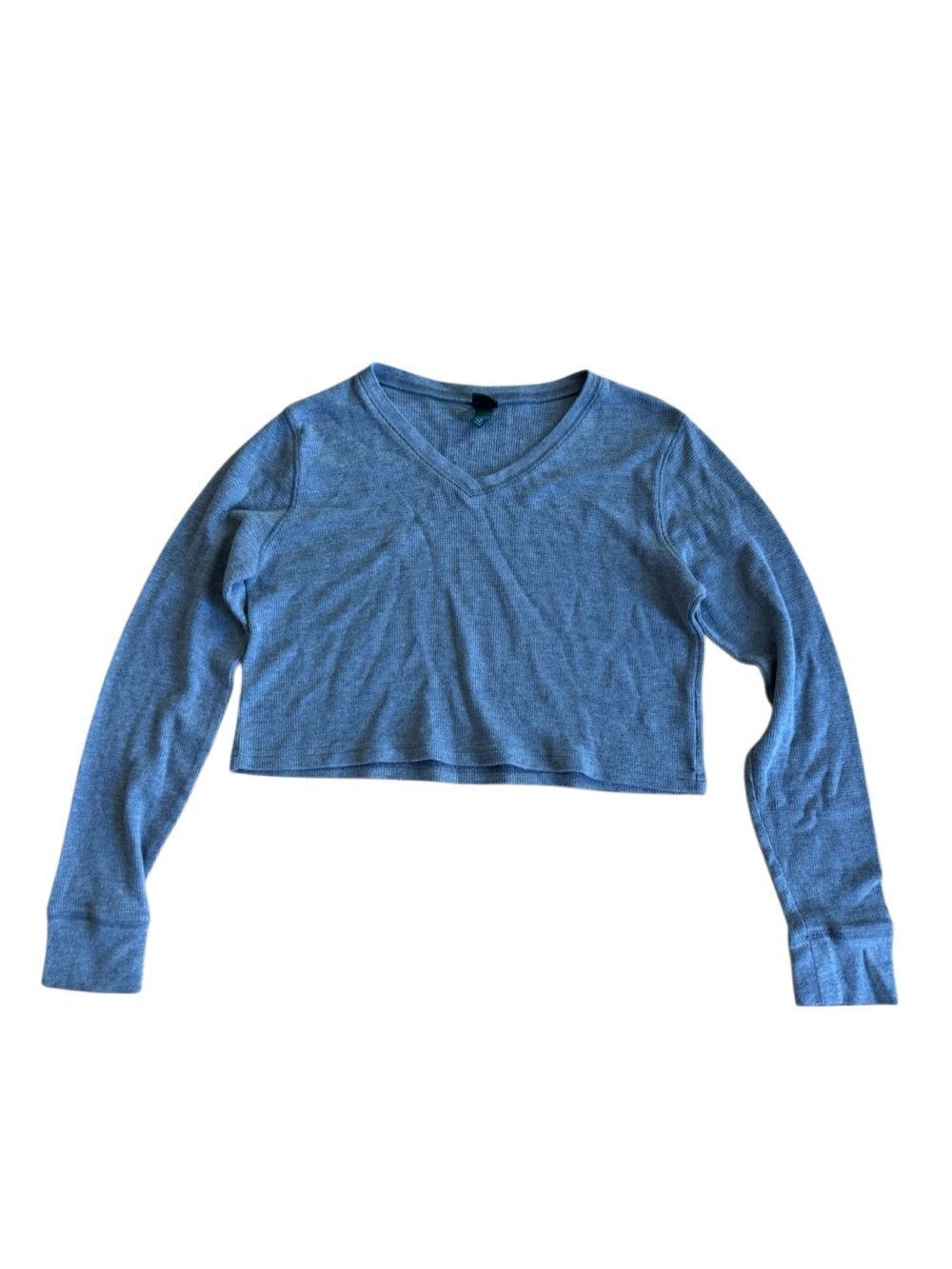 Wild Fable Women's Crop V-Neck Thermal Long Sleeve Top in Gray Size XS (Relaxed)